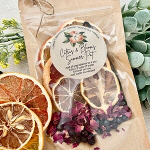 Pu&ograve; includere: Un sacchetto di carta marrone con una finestra di plastica trasparente che contiene fette di agrumi essiccati, petali di rosa e bacche nere. Il sacchetto ha un'etichetta bianca con la scritta "Citrus & Blooms Simmer Pot" e istruzioni per l'uso.