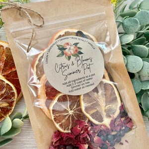 Pu&ograve; includere: Un sacchetto di carta marrone con una busta di plastica trasparente che contiene frutta di agrumi secca, petali di rosa e bacche di ginepro. Il sacchetto ha un'etichetta che recita "Citrus & Blooms Simmer Pot" e include istruzioni per l'uso.