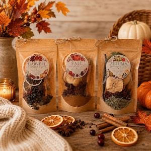Op de afbeelding: Drie kraftpapieren zakjes met gedroogd fruit, kruiden en botanische ingredi&euml;nten voor sudderpotten. Elk zakje heeft een rond label met de tekst Harvest, Fall of Autumn Simmer Pot, versierd met illustraties van pompoenen en bladeren.