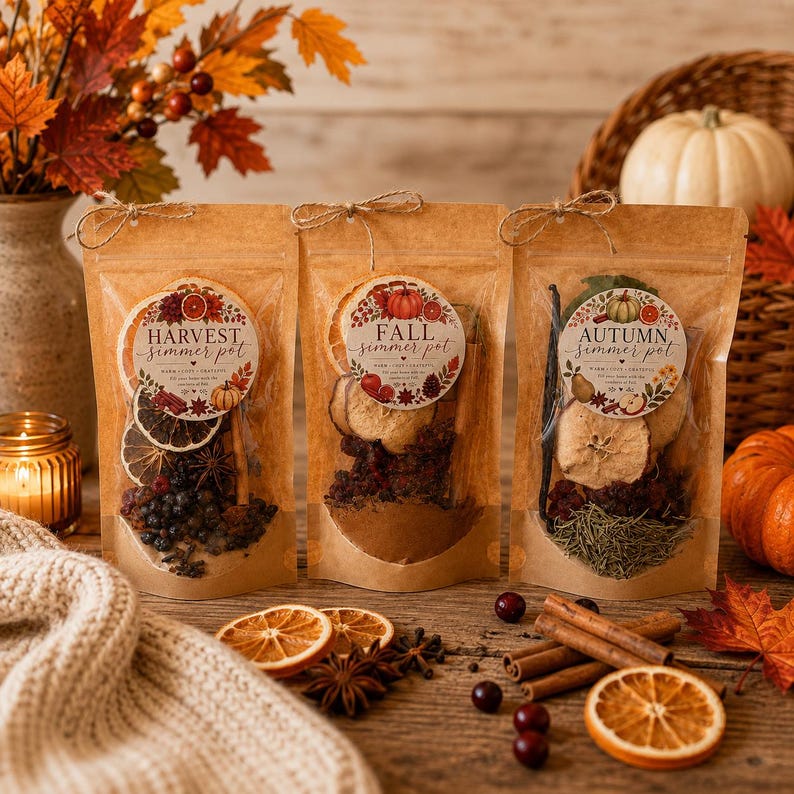 Op de afbeelding: Drie kraftpapieren zakjes met gedroogd fruit, kruiden en botanische ingredi&euml;nten voor sudderpotten. Elk zakje heeft een rond label met de tekst Harvest, Fall of Autumn Simmer Pot, versierd met illustraties van pompoenen en bladeren.