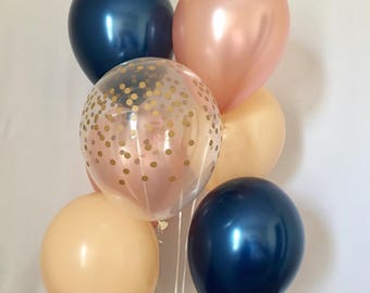 Navy Rose Gold Blush and Gold Confetti Latex Balloon~Wedding Balloon~Bridal Shower~Birthday Party~Navy&Gold~Gold Confetti Look Balloon