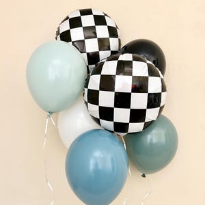 Pu&ograve; includere: Un mazzo di palloncini di vari colori, tra cui a scacchi bianco e nero, blu chiaro e verde menta. I palloncini sono legati insieme con nastri bianchi.