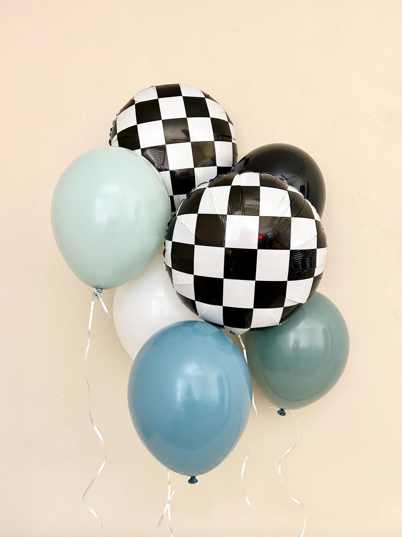 Pu&ograve; includere: Un mazzo di palloncini di vari colori, tra cui a scacchi bianco e nero, blu chiaro e verde menta. I palloncini sono legati insieme con nastri bianchi.