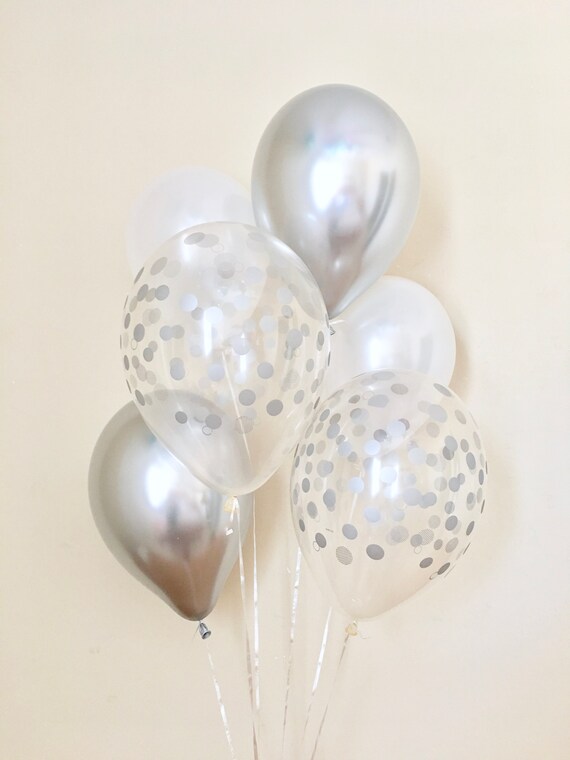 Silver White Chrome Silver and Silver Confetti Latex Balloon~Silver First Birthday~Baby Shower~Bridal Shower~Silver Wedding~Chrome Balloon Il_570xn