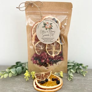 Pu&ograve; includere: Un sacchetto di carta marrone con una finestra di plastica trasparente che contiene frutta di agrumi secca, petali di rosa e bacche. Il sacchetto ha un'etichetta che recita "Citrus & Blooms Summer Pot" e include istruzioni per preparare una bevanda infusa con agrumi e fiori.