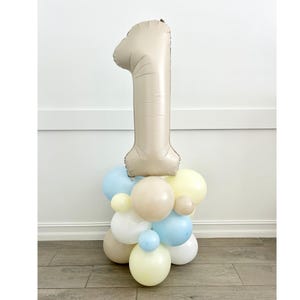 Neutral Pastel Number Balloon Tower–First Birthday Balloon Column~Boy or Girl Birthday Decor~Cream, Blue, Yellow & White Balloons~Winnie