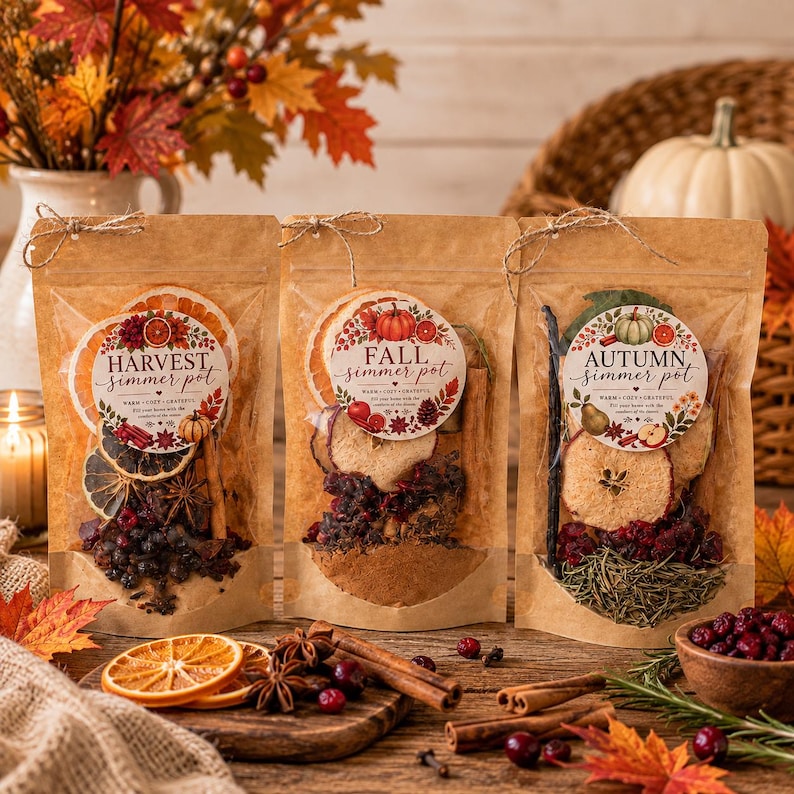 Op de afbeelding: Drie kraftpapieren zakjes met gedroogd fruit, specerijen en kruiden om te laten sudderen. Elk zakje heeft een rond etiket met de tekst Harvest Simmer Pot, Fall Simmer Pot en Autumn Simmer Pot, versierd met seizoensgebonden botanische illustraties.