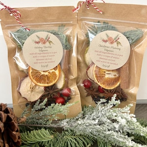 May include: Two clear plastic bags with brown paper exteriors, each containing a mix of dried fruit, spices, and herbs. The bags are tied with red and white twine. The bags are labeled "Holiday Stovetop Potpourri" and "Christmas Morning Potpourri" with instructions for use.