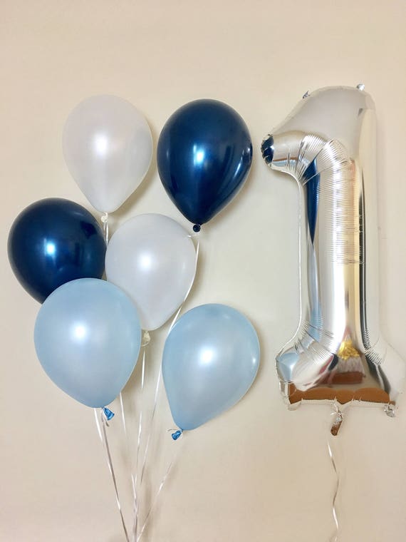 Light Blue Navy and Pearl White Latex Balloons With Jumbo Silver One (1)~First Birthday Boy Party Decor~Silver Jumbo One~Blue First Birthday Il_570xn