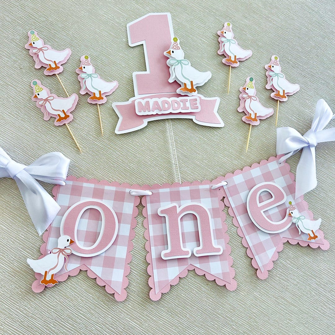 Goose 1st Birthday Decor | Pink Gingham ONE Banner, Custom Cake Topper ...