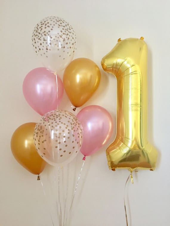 Jumbo Gold One (1) With Gold Pink and Clear Gold Confetti Latex Balloons~First Birthday Pink and Gold~First Birthday Party~Pink & Gold Decor Il_570xn