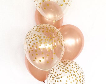 Rose Gold and Clear Gold Confetti Latex Balloons~First Birthday~Wedding~Bridal Shower~Birthday~Rose Gold Balloons~Gold Confetti Look Balloon