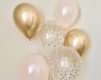 Peach Chrome Gold & Gold Confetti Latex Balloons~Baby Shower~Bridal Shower~Wedding Balloons~Gold Confetti Look Balloon~Bachelorette Party
