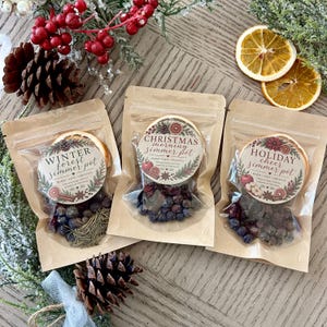 May include: Three clear pouches containing dried simmer pot ingredients, each with a round label. Labels read Winter Forest, Christmas Morning, and Holiday Cheer. Contents include dried berries, orange slices, and pine needles.