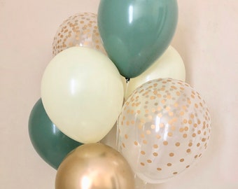 Sage Green, Ivory, Chrome Gold,Gold Confetti Balloon~Birthday~Wedding~Sage Green Bridal Shower~Sage Green Balloon~Gold Confetti Look Balloon