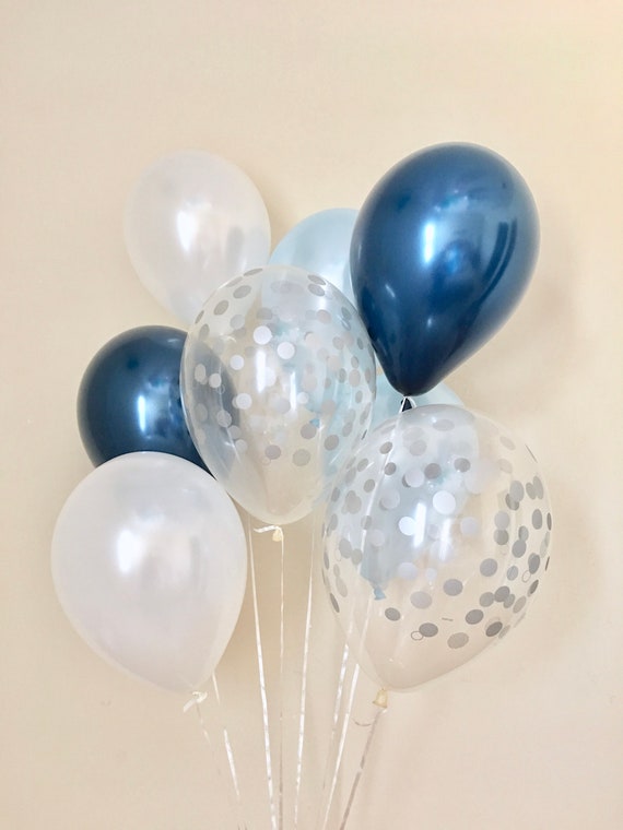 Navy Light Blue White And Silver Confetti Look Latex Balloon Navy Light Blue White And Silver Confetti Look Latex Balloon First Birthday Baby Shower Bridal Wedding Decor