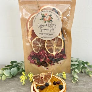 Pu&ograve; includere: Un sacchetto di carta marrone con una finestra di plastica trasparente, contenente fette di agrumi essiccati, petali di rosa, baccelli di vaniglia e bacche di ginepro. Il sacchetto ha un'etichetta che recita "Citrus & Blooms Simmer Pot" e istruzioni per l'uso.