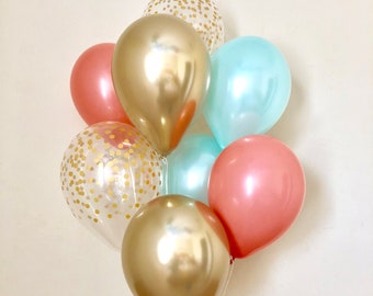 Coral Mint Gold Chrome & Clear Gold Confetti Latex Balloon~Birthday~Wedding~Bridal Shower~Birthday~Coral Pearl Mint Balloon~Gold Chrome
