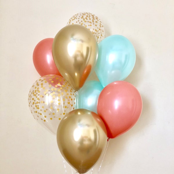 Coral Mint Gold Chrome & Clear Gold Confetti Latex Balloon~Birthday~Wedding~Bridal Shower~Birthday~Coral Pearl Mint Balloon~Gold Chrome