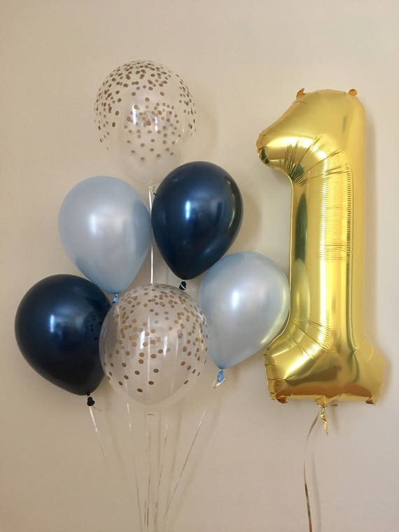 Jumbo Gold One (1) With Navy Pearl Blue and Clear Gold Confetti Latex Balloons~First Birthday Blue ~First Birthday Party~Blue & Gold Decor Il_570xn