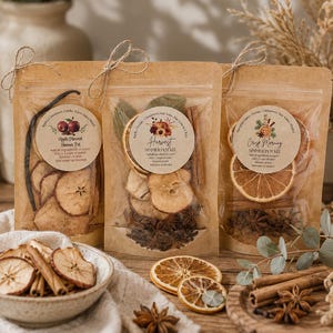 May include: Three kraft paper pouches containing simmer pot kits with dried fruit, cinnamon sticks, and star anise. Each pouch features a circular label with text including Apple Harvest, Harvest, and Crisp Morning, tied with twine at the top.