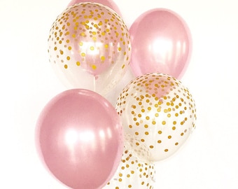 Pink and Gold Confetti Look Latex Balloon~Pink & Gold First Birthday~Baby Shower~Bridal Shower~Wedding~Pink Gold Decor~Gold Confetti Balloon