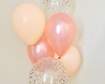 Rose Gold Blush & Clear Gold Confetti Latex Balloon~Birthday~Wedding~Bridal Shower~Rose Gold Balloon~Gold Confetti Balloon~Blush Balloons