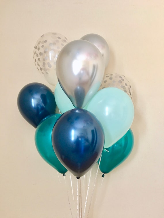 Navy Teal Mint Silver Chrome and Silver Confetti Look Latex Balloon~Blue First Birthday~Baby Shower~Bridal Shower~Wedding~Navy Teal Decor Il_570xn
