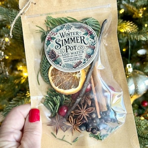Pu&ograve; includere: Un sacchetto di plastica trasparente pieno di ingredienti per un simmer pot invernale. Gli ingredienti includono fette di arancia essiccate, bastoncini di cannella, anice stellato, chiodi di garofano, bacche di ginepro e rametti di rosmarino. Il sacchetto ha un'etichetta di carta marrone con il testo "Winter Simmer Pot" e istruzioni per aggiungere acqua, cuocere a fuoco lento e godersi il caldo aroma invernale.