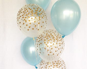 Light Blue and Gold Confetti Latex Balloons~Blue Gold First Birthday~Baby Shower~Bridal Shower~Wedding~Its a Boy~Gold Confetti Look Balloon