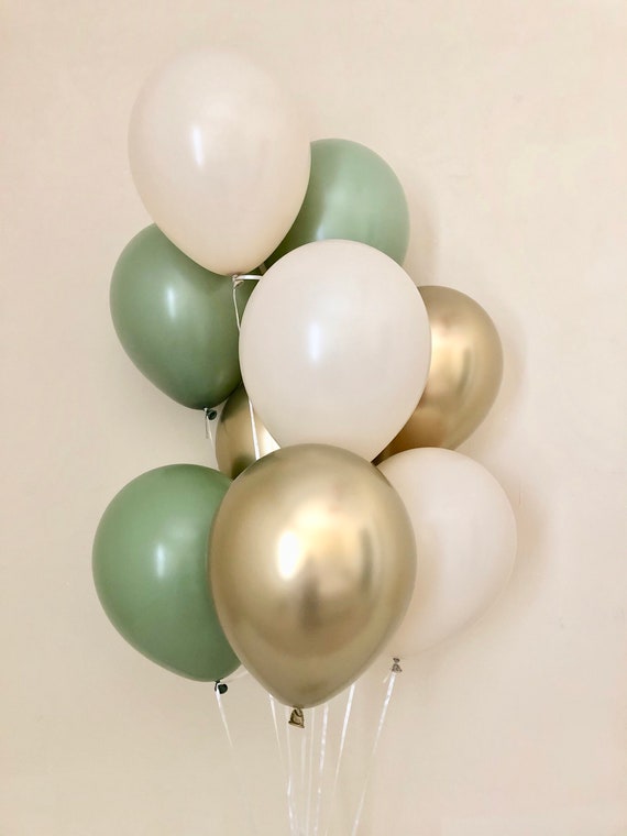 Eucalyptus Balloon Bundle~Bridal Shower~Eucalyptus Wedding~Baby Shower~Chrome Gold White Sand and Eucalyptus Balloons~Sage Party Decor Il_570xn