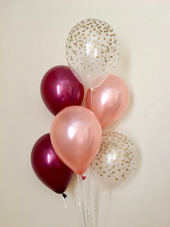 Rose Gold Burgundy & Clear Gold Confetti Latex Balloons~Wedding~Bridal Shower~Birthday~Rose Gold Maroon Balloon~Gold Confetti Look Balloon Il_570xn