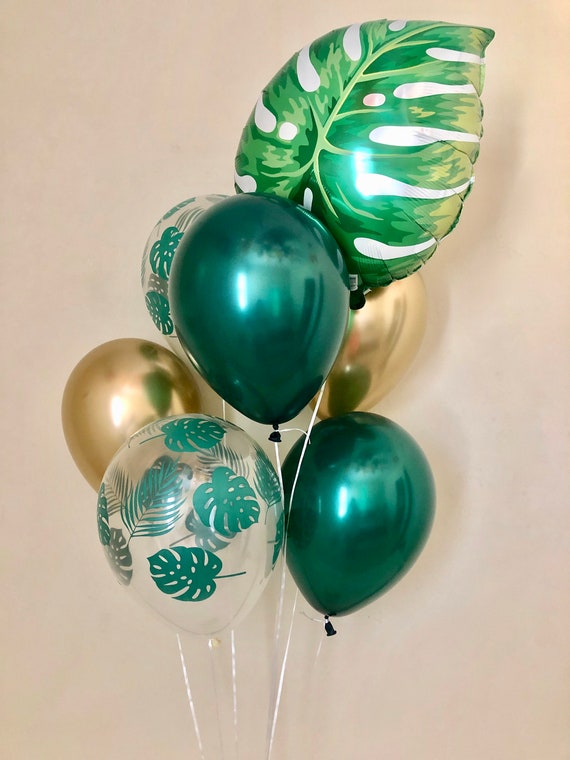 Palm Leaf, Forest Green, Chrome Gold 11 inch Latex Balloons~Leaf Balloon~Wild One Party~Jungle Party~Aloha Party~Leaf Decor~Tropical Party Il_570xn