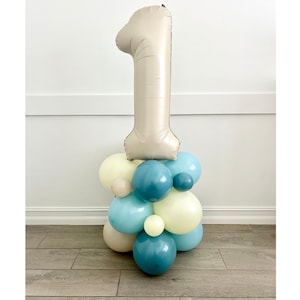 Blue & Neutral Number Balloon Tower–First Birthday Balloon Column~Boy Birthday Party Decor~Blue, The Big One~Boho Neutral~Surf Balloons