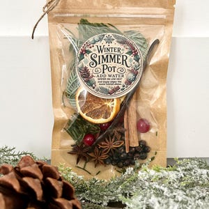 Pu&ograve; includere: Un sacchetto di carta marrone con una finestra di plastica trasparente che contiene un mix di ingredienti secchi per un simmer pot invernale. Il sacchetto ha un'etichetta rotonda con il testo "Winter Simmer Pot" e istruzioni per aggiungere acqua e far sobbollire a fuoco lento per godere del caldo aroma invernale.