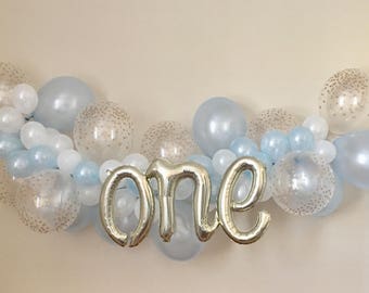 Balloon Garland DIY Kit Blue White & Gold Confetti Look Latex Balloon~Blue First Birthday~Baby Blue Balloon Garland~Baby Blue Decorations