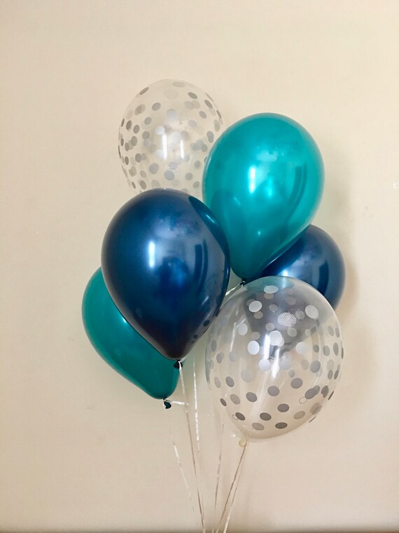 Navy Teal & Silver Confetti Look Latex Balloon~Boy Birthday~Baby Shower~Bridal Shower~Wedding~Navy and Teal Decor~Silver Confetti Balloon~ Il_570xn