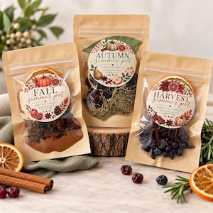 May include: Three kraft paper pouches containing dried ingredients for simmer pots. Labels read Fall Simmer Pot, Autumn Simmer Pot, and Harvest Simmer Pot, decorated with illustrations of pumpkins, fruit, and spices in red and orange tones.