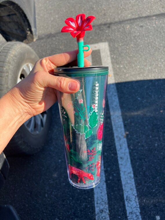 NEW Starbucks Holiday 2022 Poinsettia Silicon Straw Topper Cold Cup Tumbler  24oz