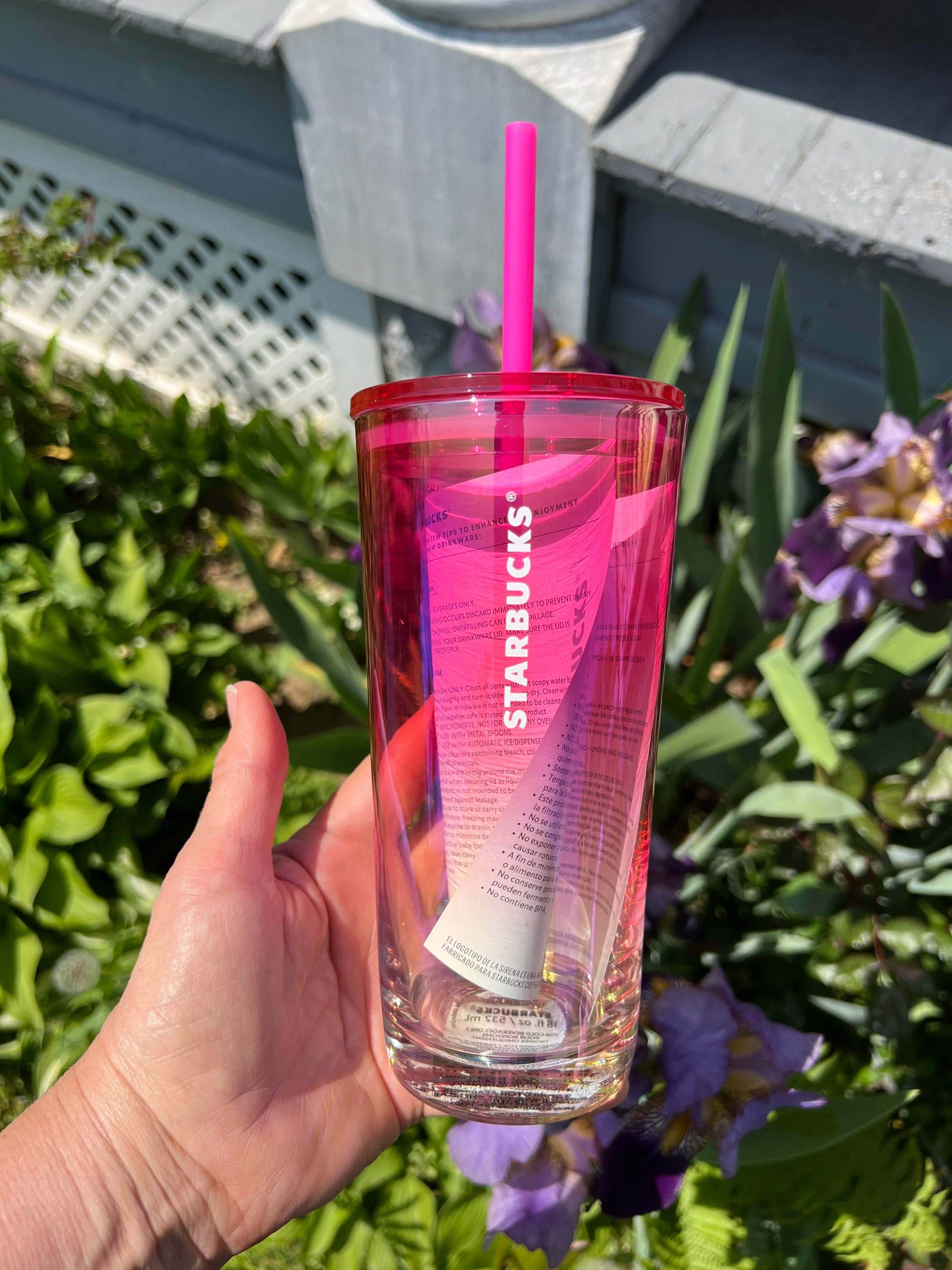 Starbucks Glass Tumbler 18 oz Clear Pink with Reusable Straw