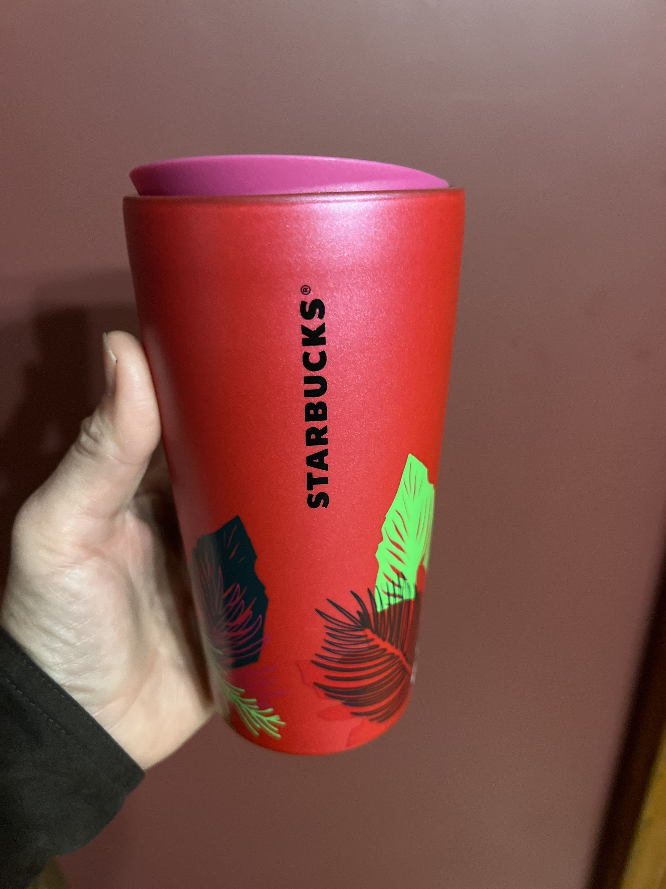 Starbucks Holiday Ceramic Coffee Mug Travel 12 oz 2018 Striped Gold w/ Red  Lid