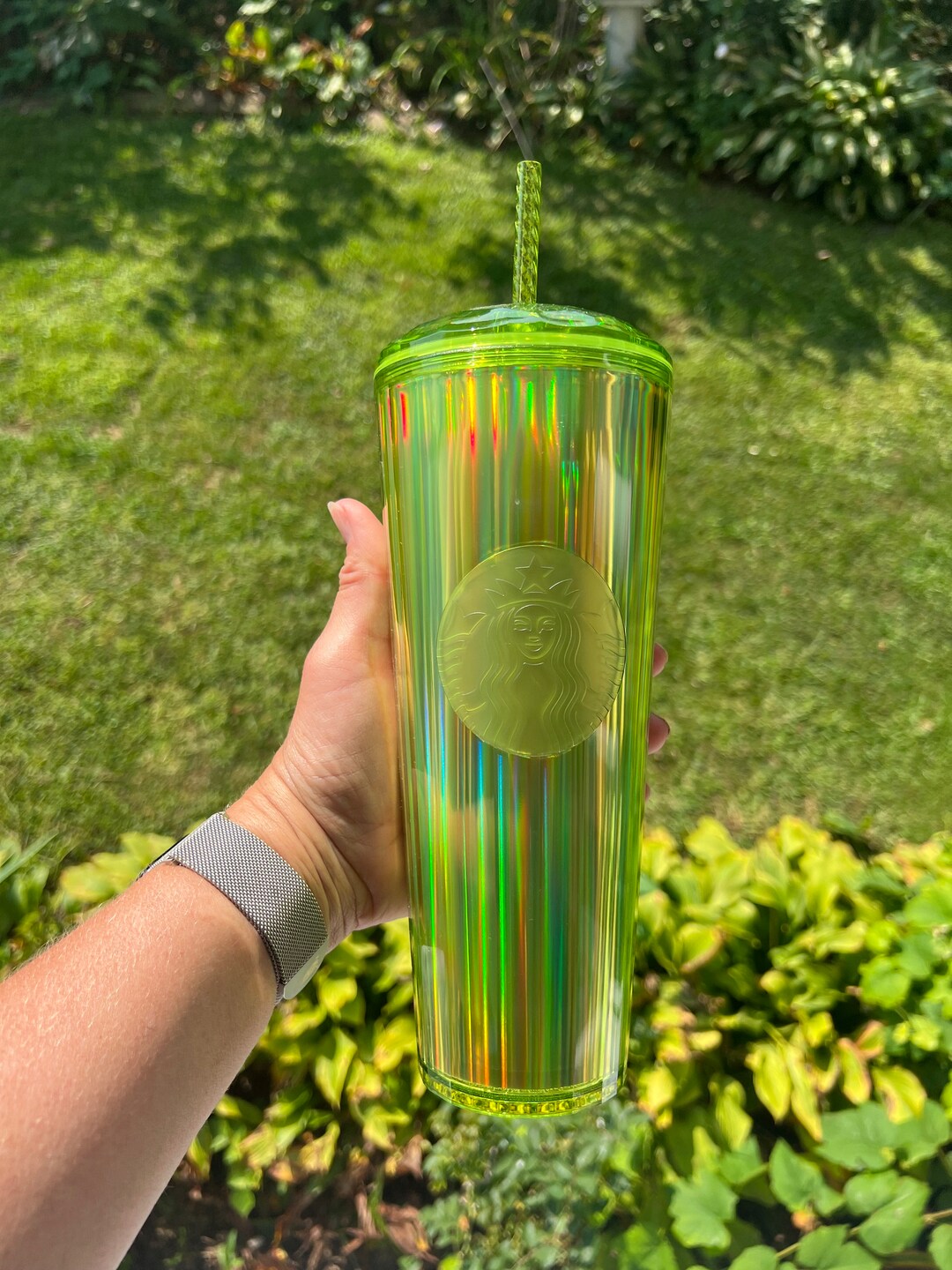 NWT Starbucks Tumbler Yellow Holograph Dome Top 24 Oz Venti Cold Cup