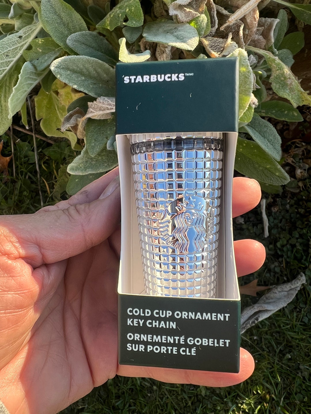 NWT Starbucks 2023 Shiny Silver Grid Keychain Ornament Shot Glass SKU