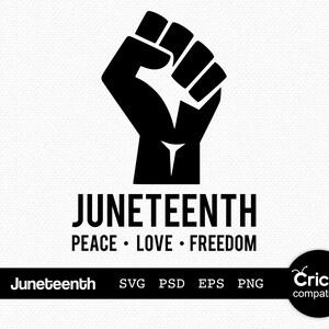 May include: Black and white graphic of a raised fist with the text "Juneteenth Peace Love Freedom" below. The text "Juneteenth SVG PSD EPS PNG Cricut compatible" is at the bottom of the image.