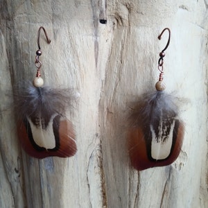 Feather earrings Natural Pheasant feather Bohemian earrings, Native Jasper Ethic Handmade in Quebec Christmas gift One of a kind gift