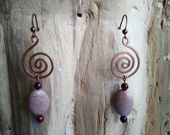 Copper esarrings Mokaite and Jaspe earrings with hammered copper spiral, Natural stone, Bohemian earrings, Possible healing effects