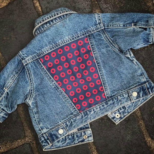 NEW Upcycled NewBorn Denim Jacket with Fishmans donut fabric on Back