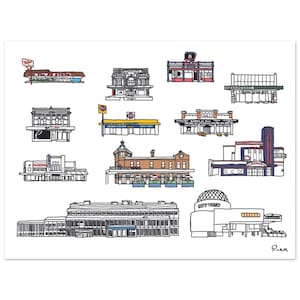 May include: A print featuring a collection of illustrated buildings, each with unique architectural details. The buildings are outlined in black with pops of color, including red, yellow, and blue. The artwork is signed in the bottom right corner.