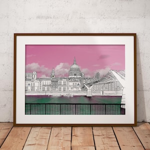Può includere: Un disegno in bianco e nero della skyline di Londra con la Cattedrale di San Paolo e un ponte in primo piano. Il cielo è di un colore rosa vibrante.