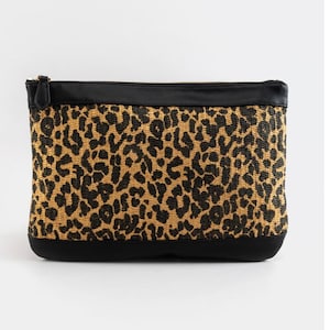 Straw clutch leopard straw and vegan leather material clutch black and beige straw clutch leopard straw clutch